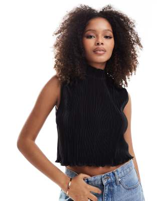 Brave Soul high neck pleated singlet top in black