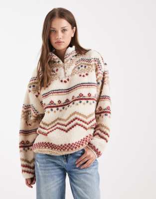 Brave Soul High Neck Quarter Zip Fleece With Fairisle Print In White