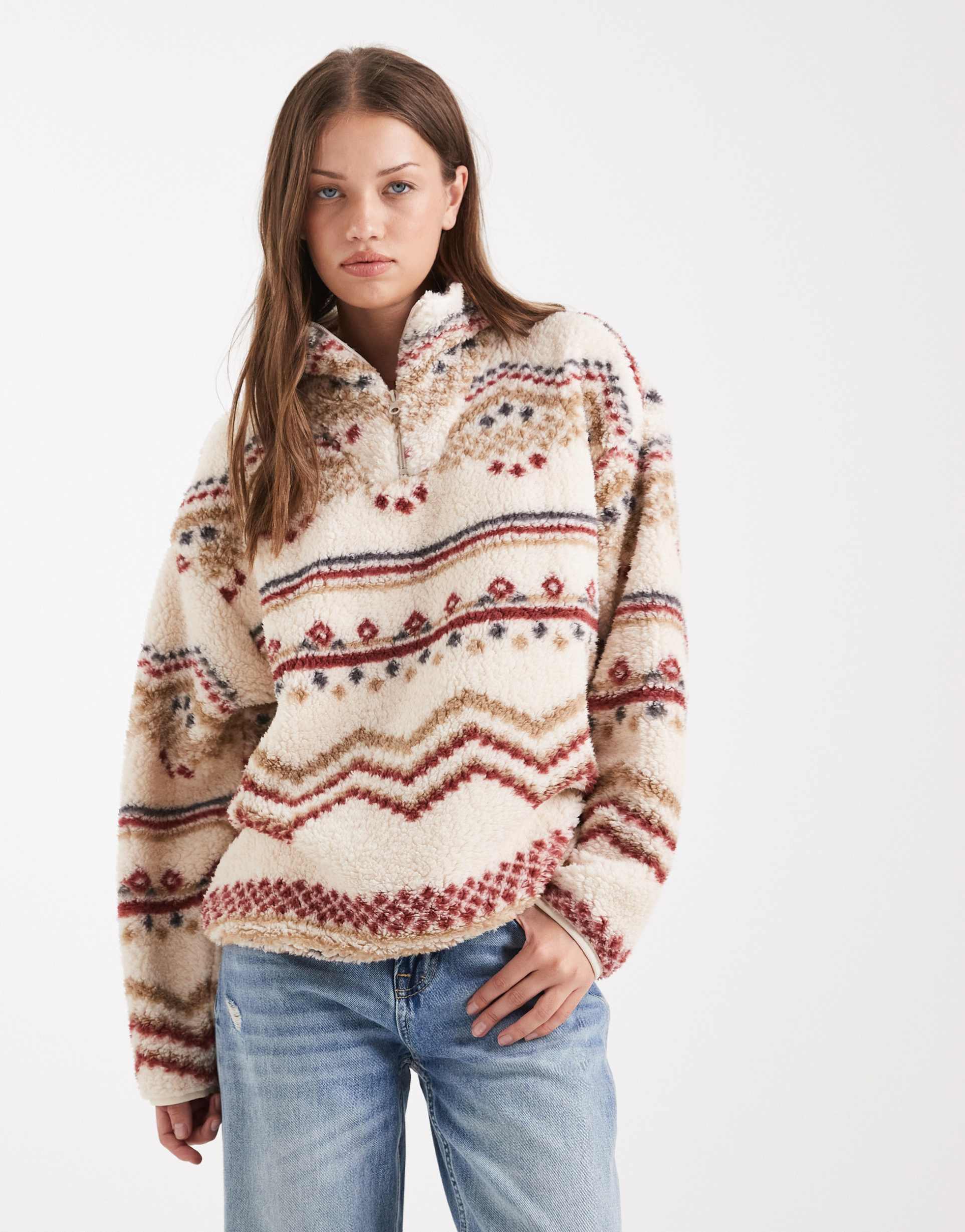brave soul high neck quarter zip fleece with fairisle print in cream and tan