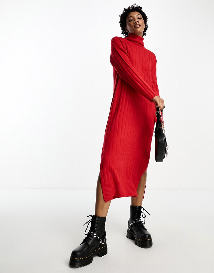 Brave Soul high neck slouchy midaxi knitted dress in red