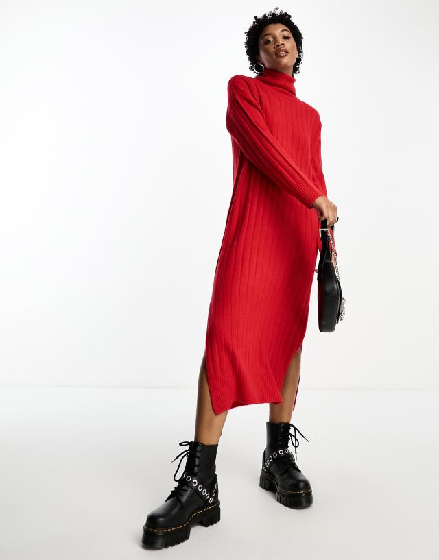 Brave Soul - high neck slouchy midaxi knitted dress in red