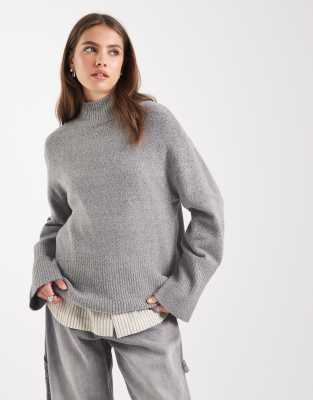 Brave Soul High Neck Sweater With Wide Sleeves In Gray