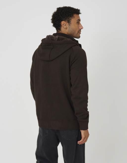 Brave Soul High neck zip through hoodie in chocolate, 2 of 4