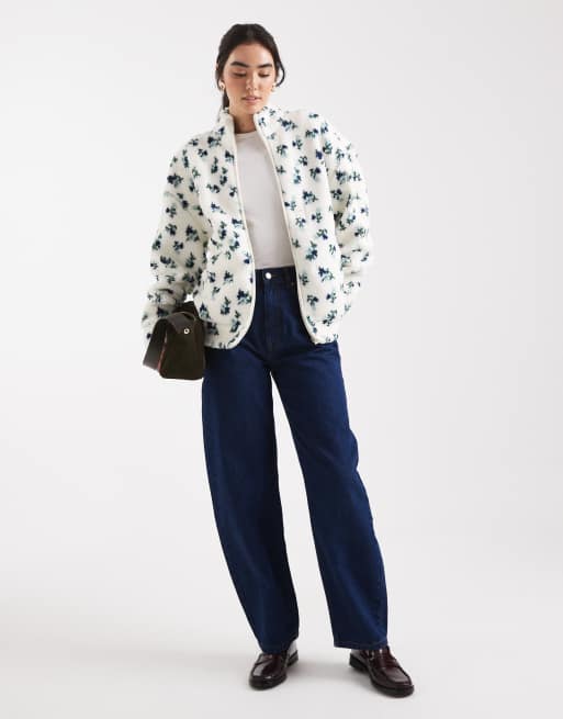 Brave Soul high neck zip up fleece & scrunchie set with floral print in cream  