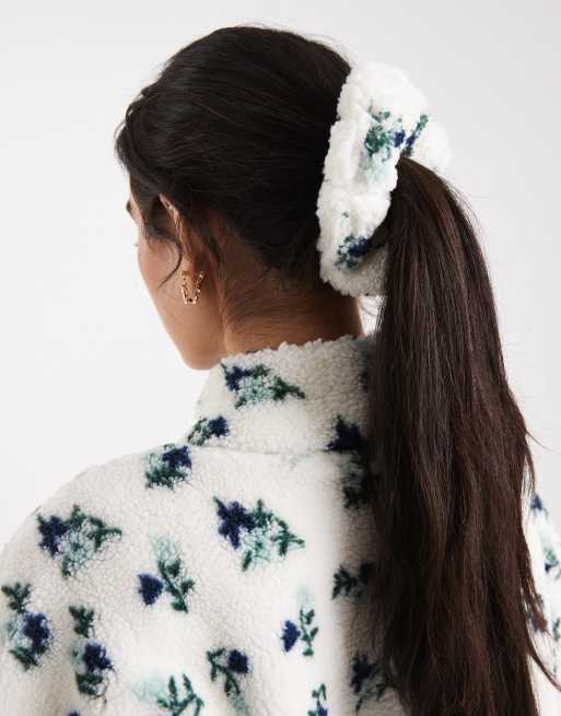 Brave Soul high neck zip up fleece & scrunchie set with floral print in cream  