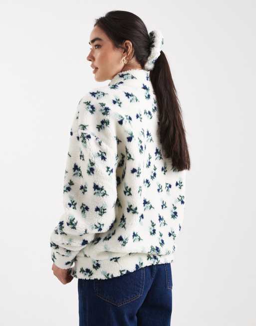 Brave Soul high neck zip up fleece & scrunchie set with floral print in cream  