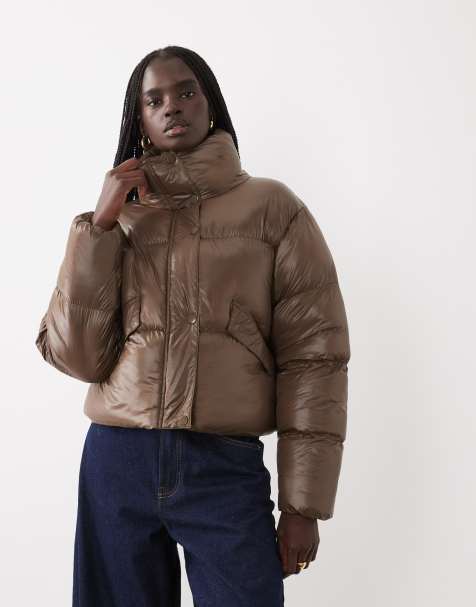 Brave Soul high shine puffer jacket in brown - view 1