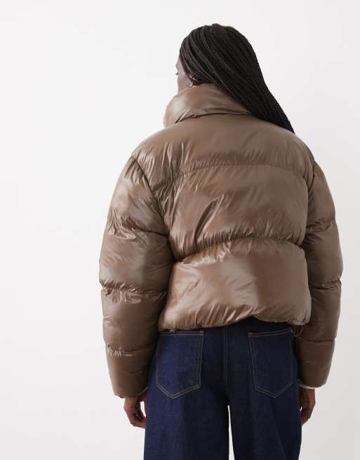 Brave Soul high shine puffer jacket in brown, 3 of 4