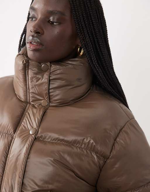 Brave Soul high shine puffer jacket in brown, 4 of 4