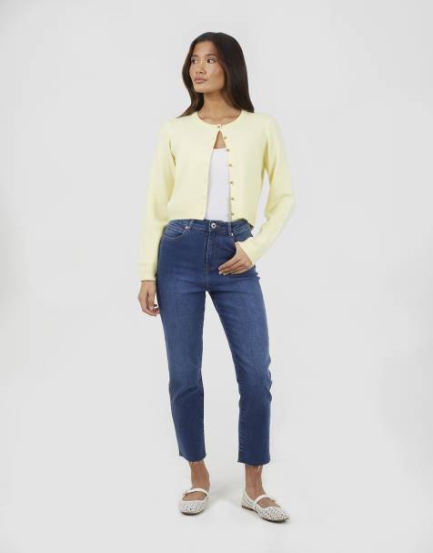 Brave Soul High waist raw hem mom jeans in mid blue
