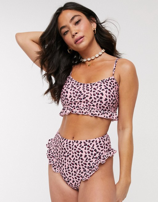 Brave Soul high waisted bikini bottoms with frill trim in pink leopard print