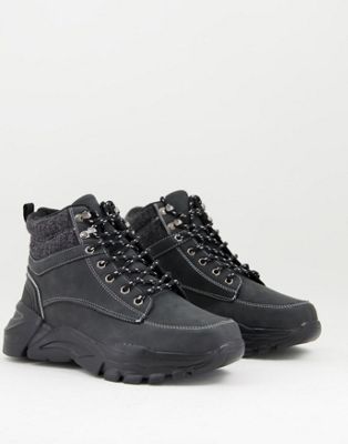Brave Soul hiking lace up boots with padded collar in black