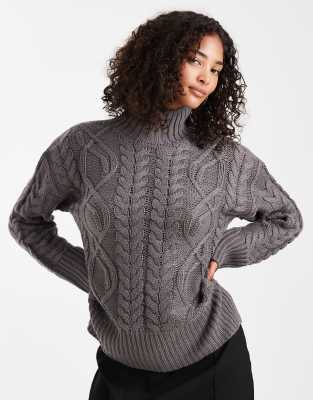 Brave Soul - Hochgeschlossener, dicker Pullover in Grau mit Zopfmuster