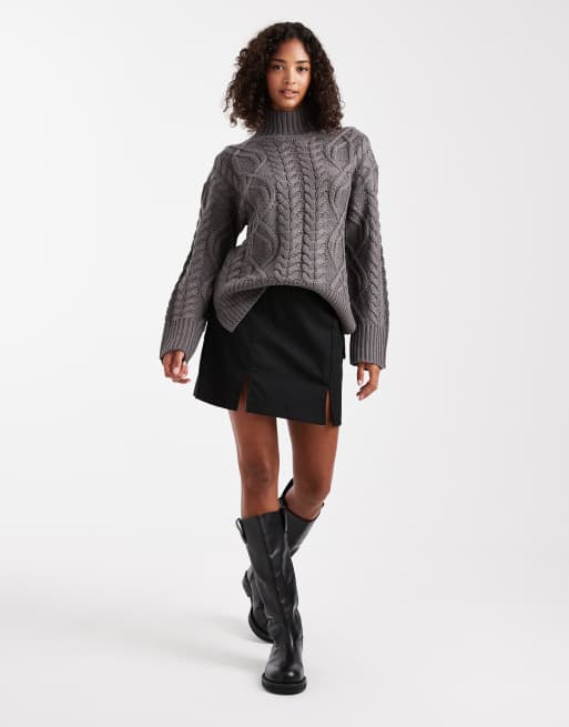 Brave Soul – Hochgeschlossener, dicker Pullover in Grau mit Zopfmuster, 2 von 4