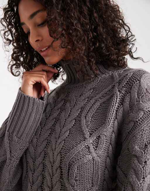 Brave Soul – Hochgeschlossener, dicker Pullover in Grau mit Zopfmuster, 3 von 4