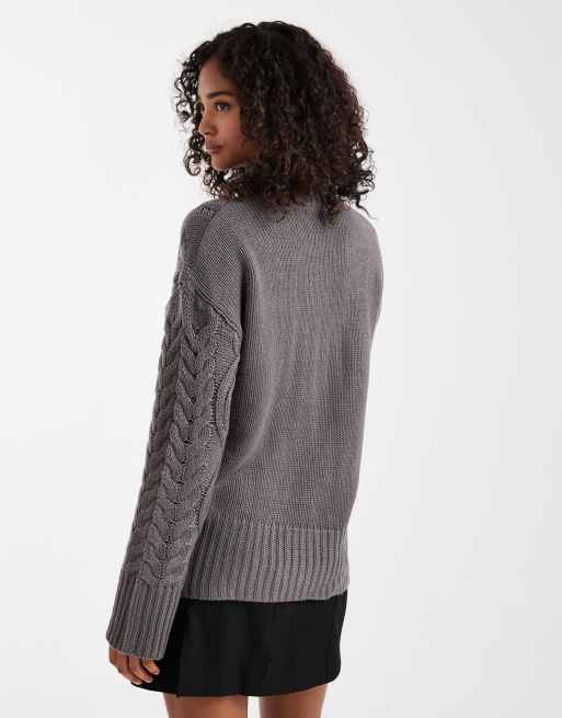 Brave Soul – Hochgeschlossener, dicker Pullover in Grau mit Zopfmuster, 4 von 4