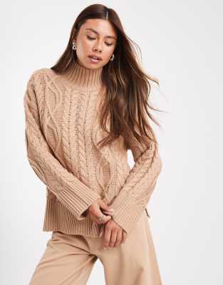 Brave Soul - Hochgeschlossener, dicker Pullover in Kamelbraun mit Zopfmuster-Neutral