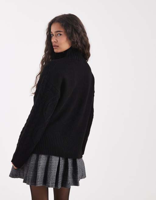 Brave Soul – Hochgeschlossener, dicker Pullover in Schwarz mit Zopfmuster, 4 von 4