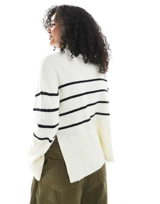 Brave Soul – Hochgeschlossener Loose-Fit-Pullover in Weiß mit schwarzen Streifen, 3 von 4