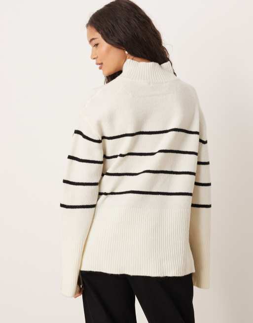 Brave Soul – Hochgeschlossener Loose-Fit-Pullover in Weiß mit schwarzen Streifen, 3 von 4