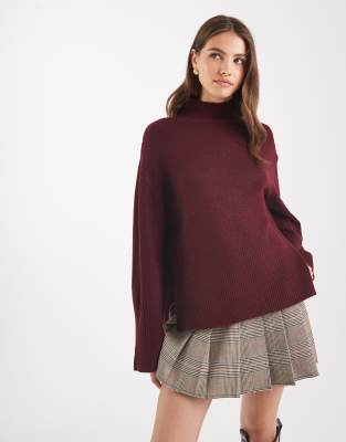 Brave Soul - Hochgeschlossener Pullover in Burgunderrot mit weiten Ärmeln