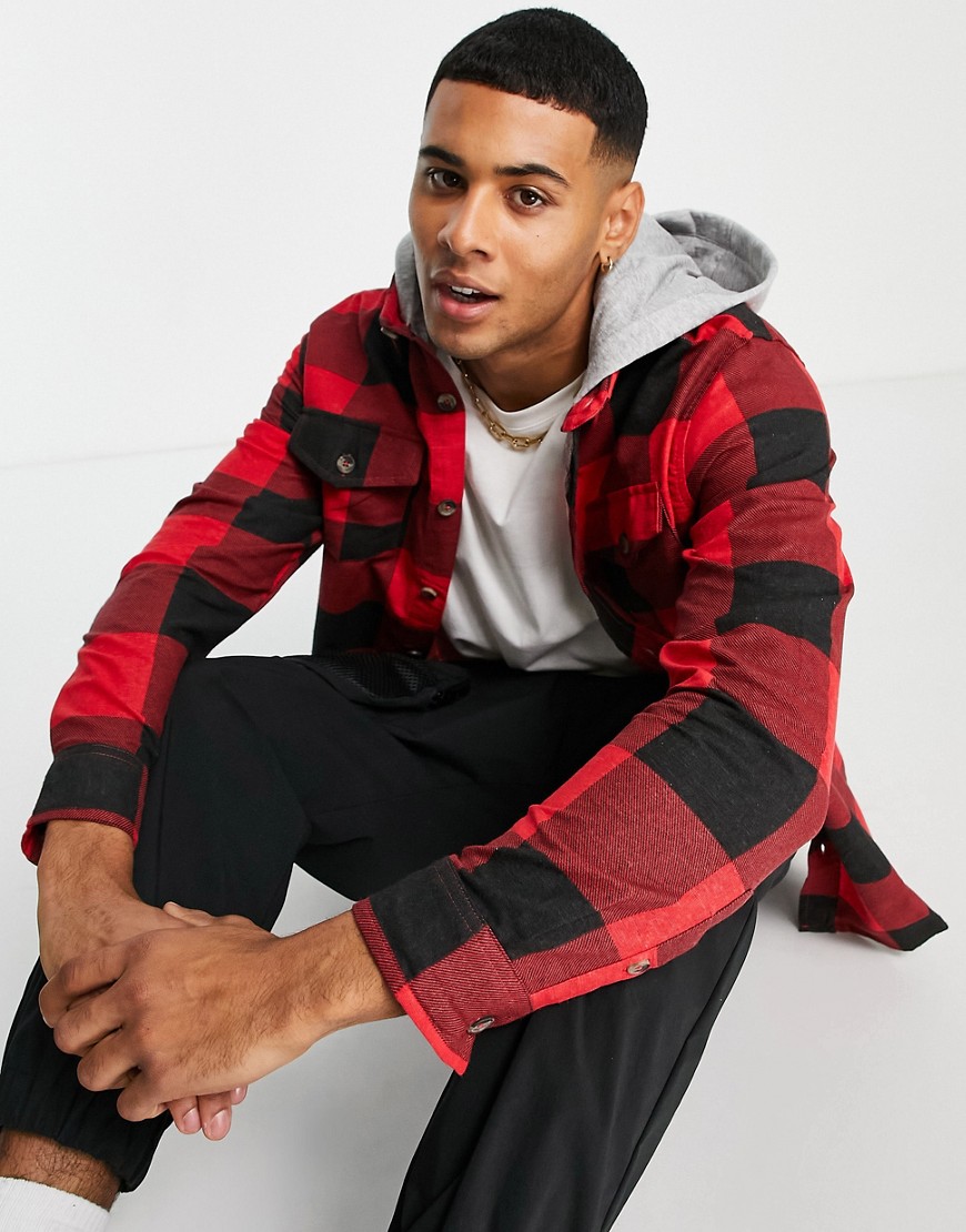 Brave Soul hooded check shirt in red black