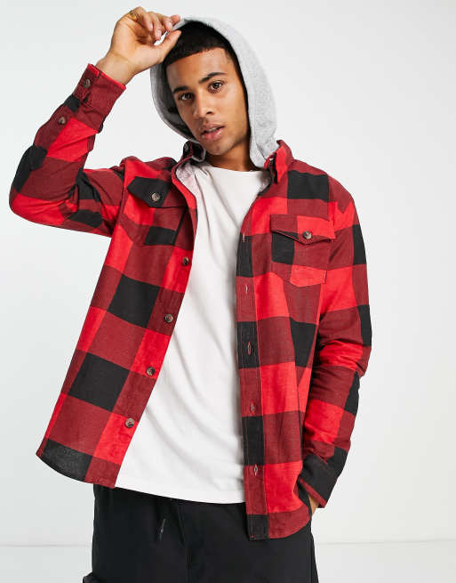 Brave Soul hooded check shirt in red black