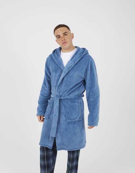 Brave Soul Hooded dressing gown with tie belt in blue - view 1