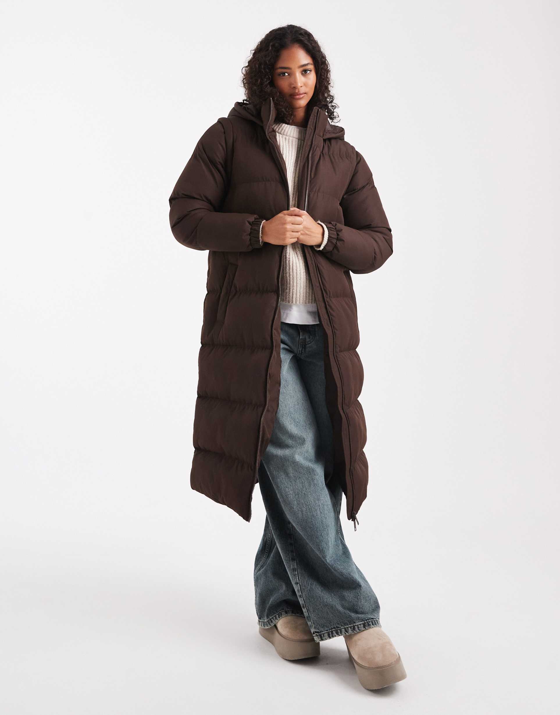 brave soul hooded maxi padded jacket with detachable sleeves in chocolate brown