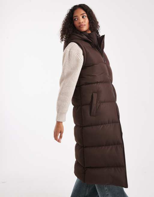 Brave Soul hooded maxi padded jacket with detachable sleeves in chocolate brown, 2 of 4