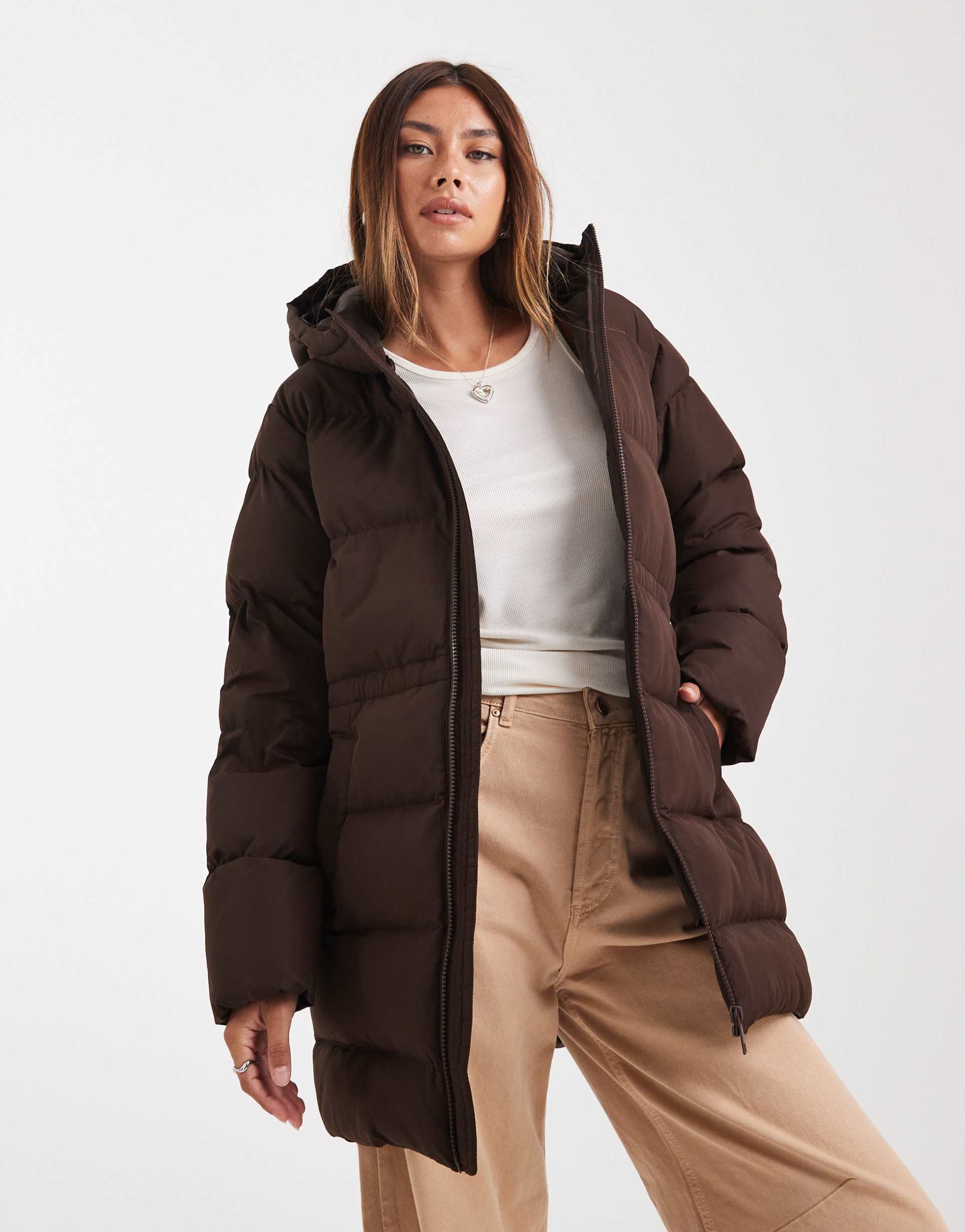 brave soul hooded mid-length puffer jacket with pockets in chocolate brown