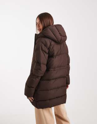 Brave Soul Hooded Mid-length Puffer Jacket With Pockets In Brown