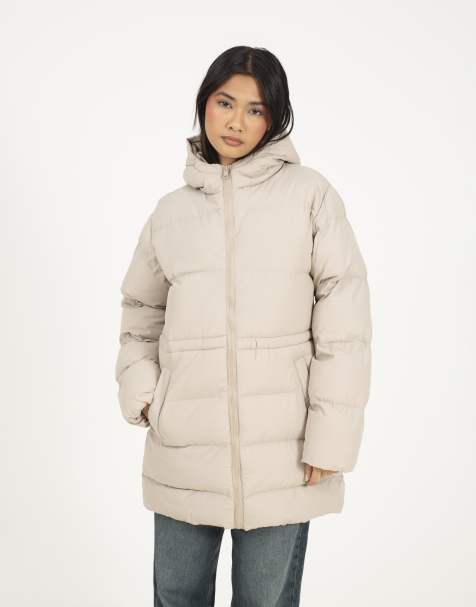Brave Soul Hooded padded jacket with drawcord waist in stone - view 1