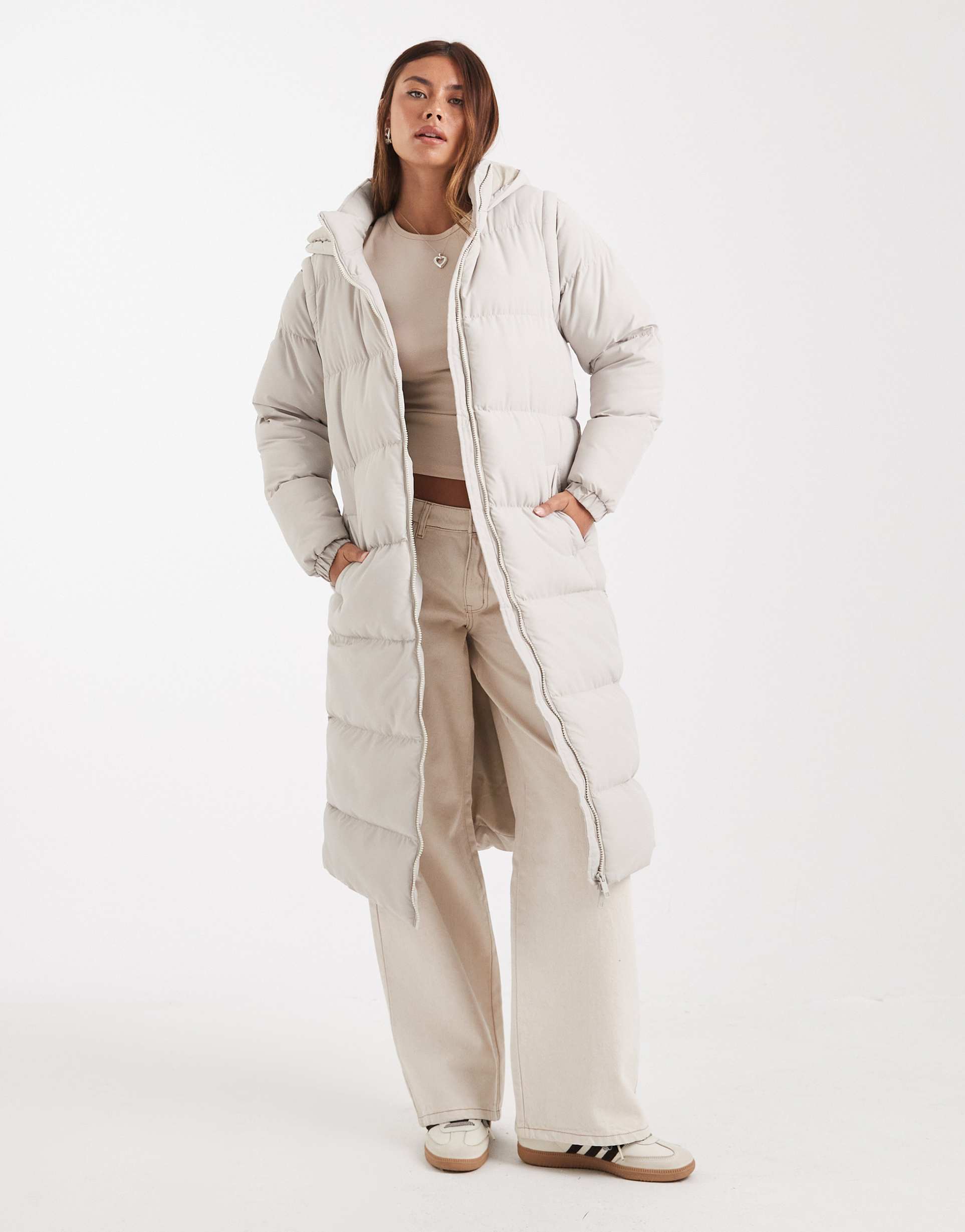 brave soul hooded padded maxi jacket with detachable sleeves in stone