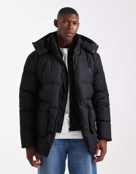 Brave Soul hooded puffer coat with pocket front detail in black - view 1