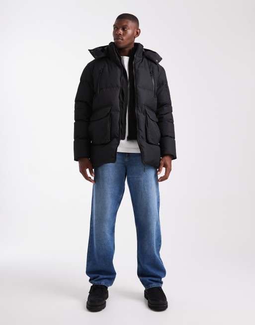 Brave Soul hooded puffer coat with pocket front detail in black, 2 of 5