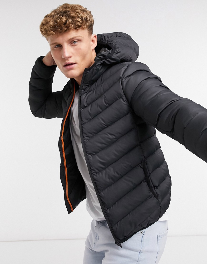 Brave Soul Puffer Jacket With Hood In Black