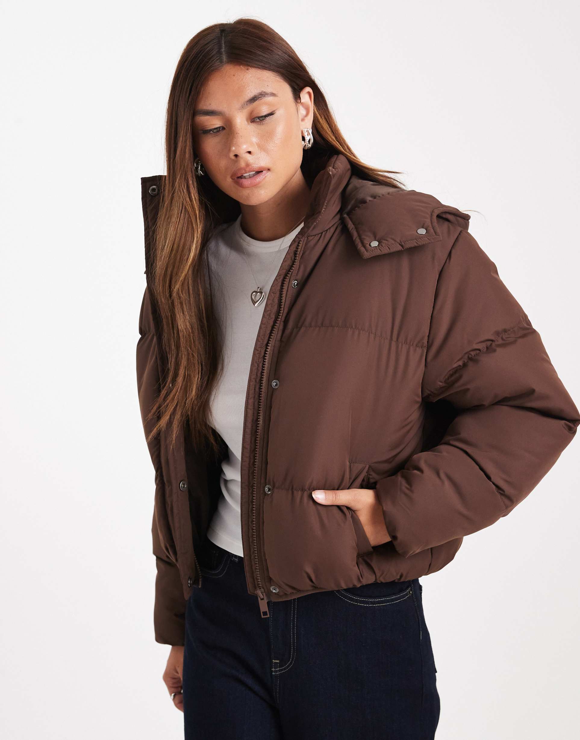 brave soul hooded puffer jacket in brown