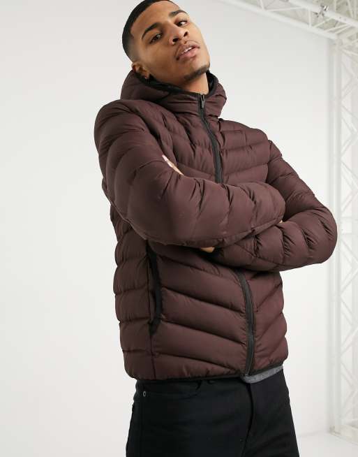 Brave Soul hooded puffer jacket in burgundy