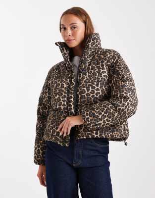 Brave Soul Hooded Puffer Jacket With Pockets In Animal Print