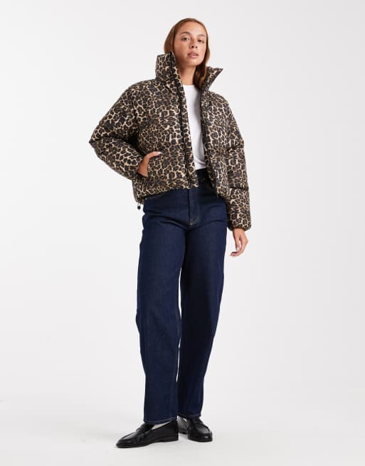 Brave Soul hooded puffer jacket with pockets in leopard print