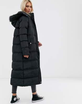 black faux fur trim longline puffer jacket