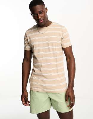 Brave Soul horizontal stripe t-shirt in stone & white-Neutral