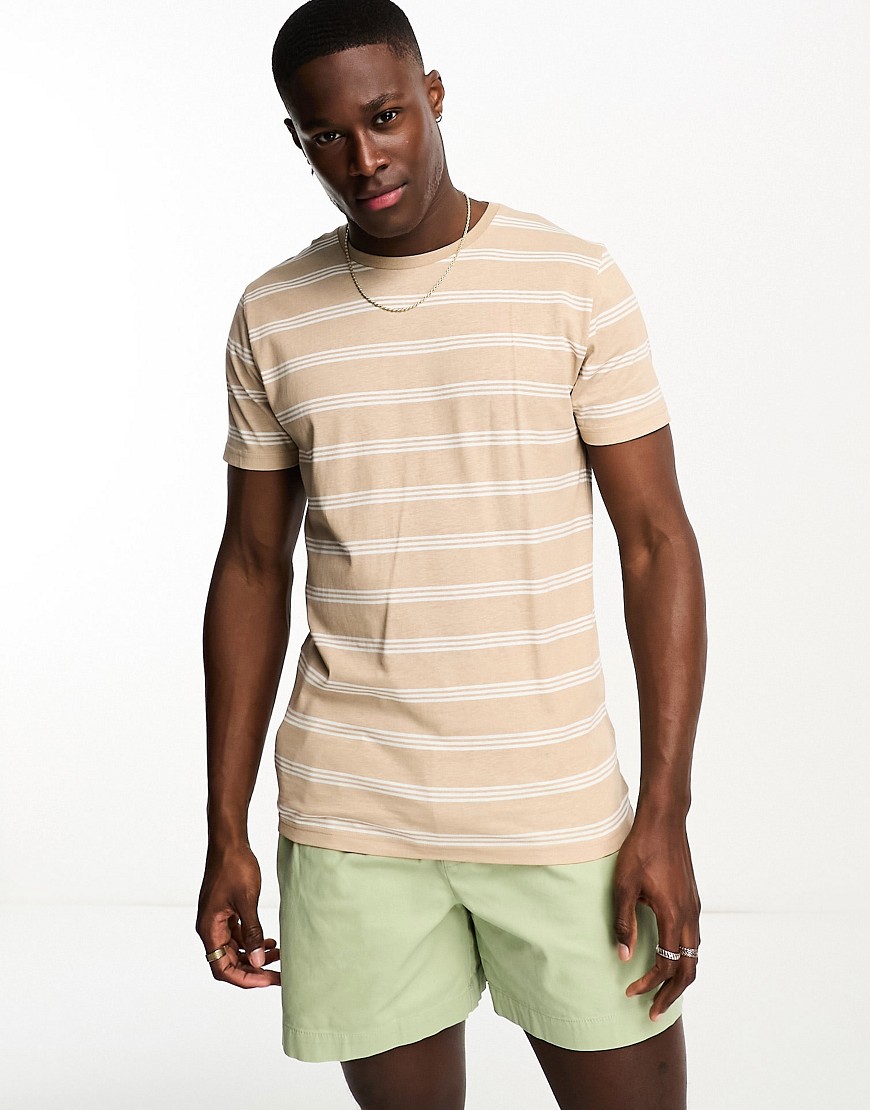 Brave Soul horizontal stripe t-shirt in stone & white-Neutral