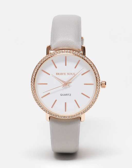 Brave Soul - Horloge met bandje van imitatieleer en siersteentjes in grijs en roségoud