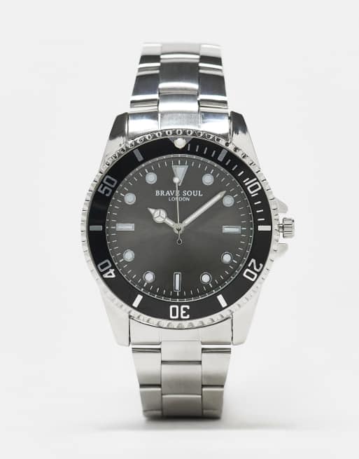 Brave Soul - Horloge met dikke armband in zilver en zwarte wijzerplaat 