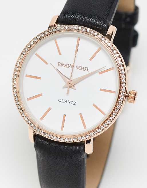 Brave Soul - Horloge met imitatieleren bandje en diamanten details in zwart met goud