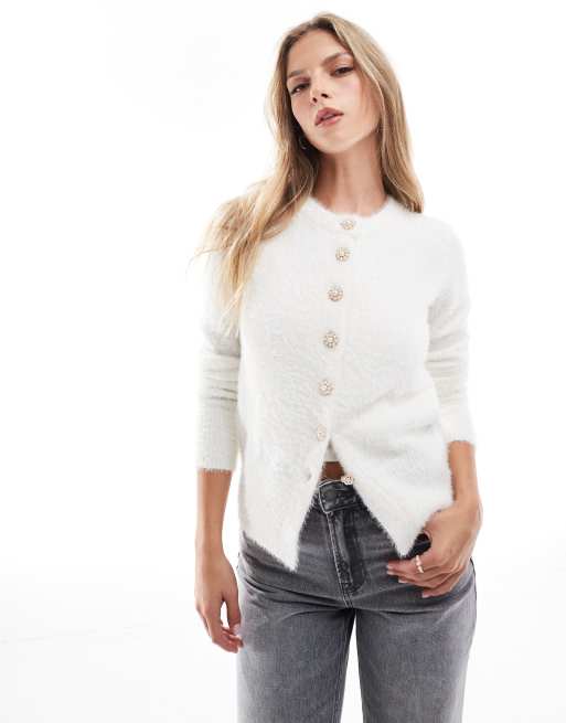 Brave Soul - Hvid cardigan med knapper med juveldetaljer