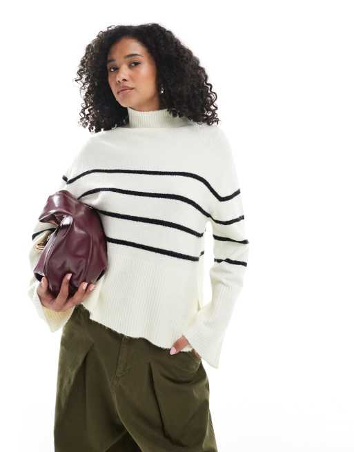 Brave Soul - Hvid strikket trøje med høj hals og sorte striber i løstsiddende pasform