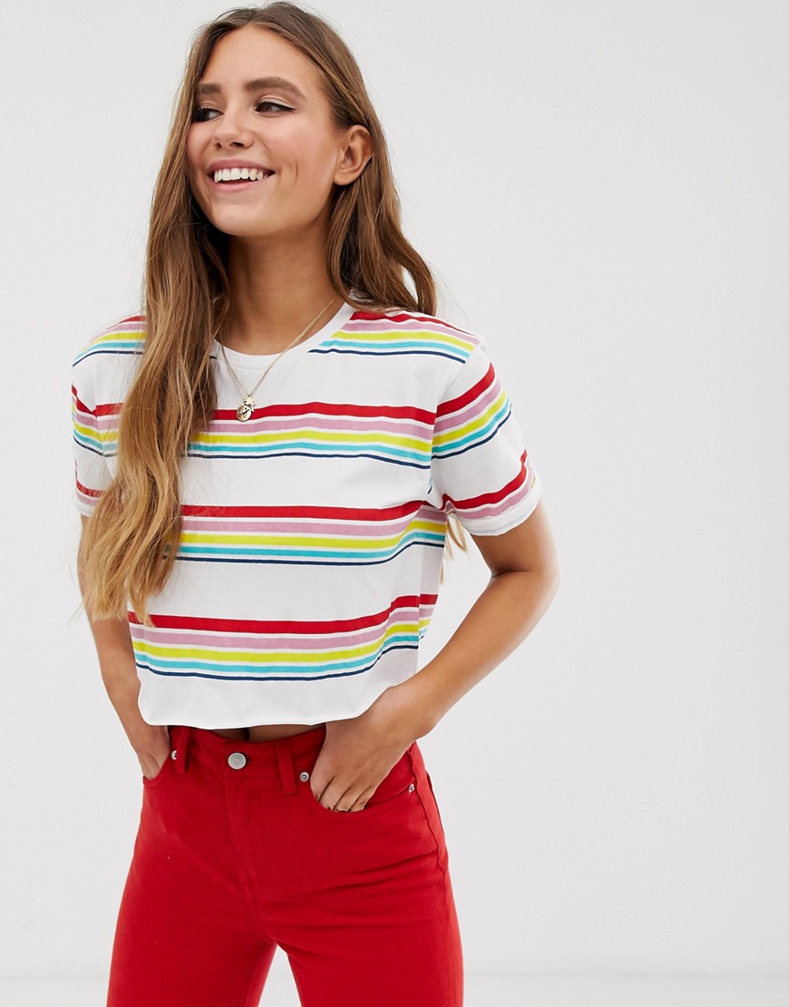 Brave Soul - Ibiza - T-shirt met biezen en regenboogkleurige strepen-Wit